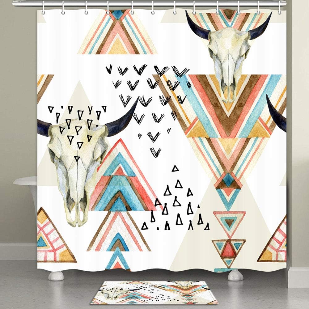 Southwestern Native Trible Bull Skull Bohemian Shower Curtain for Western Bathroom