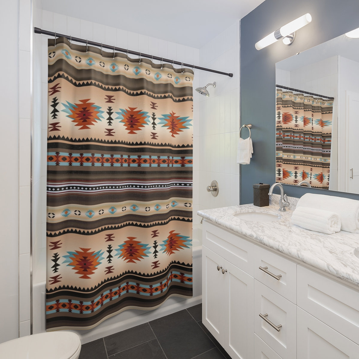 Southwestern Pattern Bath Curtain, Native American Geometric Shower Curtain with Quotes