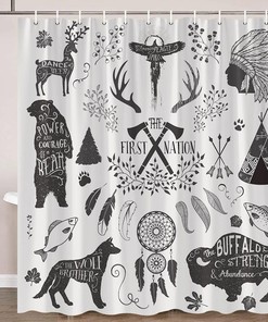 Southwestern Tribal Art Shower Curtain with Vintage Antler Bear Wolf Cow Gray Quotes 