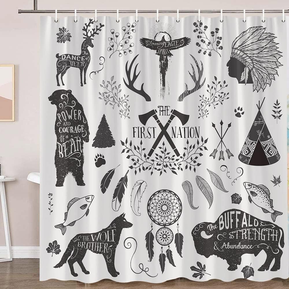 Southwestern Tribal Art Shower Curtain with Vintage Antler Bear Wolf Cow Gray Quotes