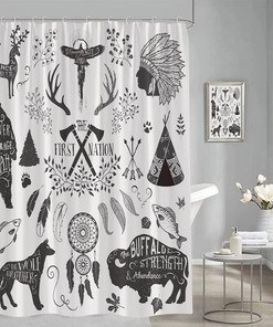 Southwestern Tribal Art Shower Curtain with Vintage Antler Bear Wolf Cow Gray Quotes