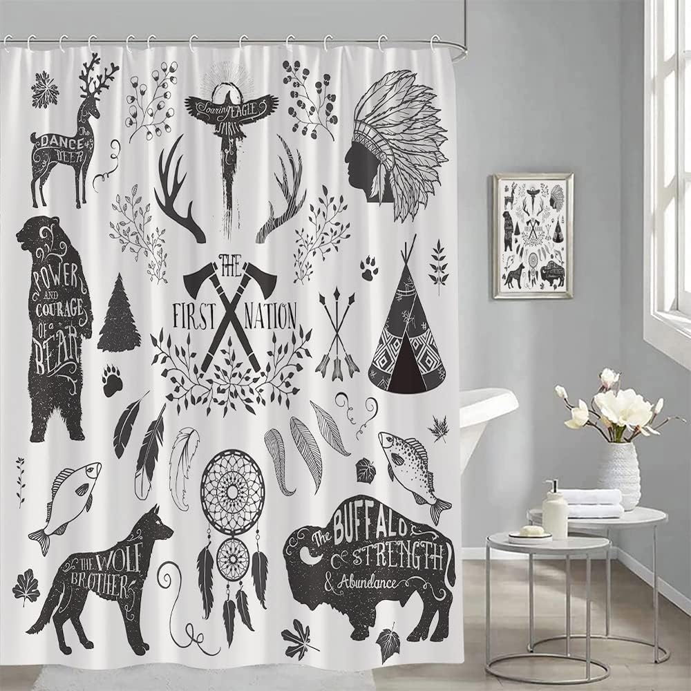 Southwestern Tribal Art Shower Curtain with Vintage Antler Bear Wolf Cow Gray Quotes