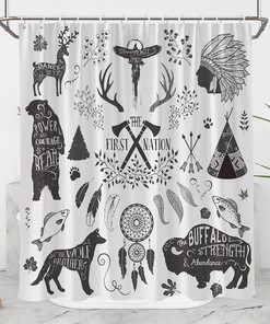 Southwestern Tribal Art Shower Curtain with Vintage Antler Bear Wolf Cow Gray Quotes