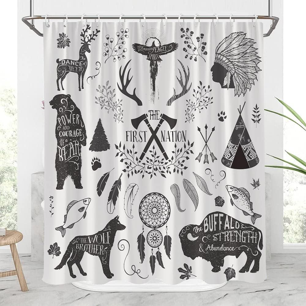Southwestern Tribal Art Shower Curtain with Vintage Antler Bear Wolf Cow Gray Quotes