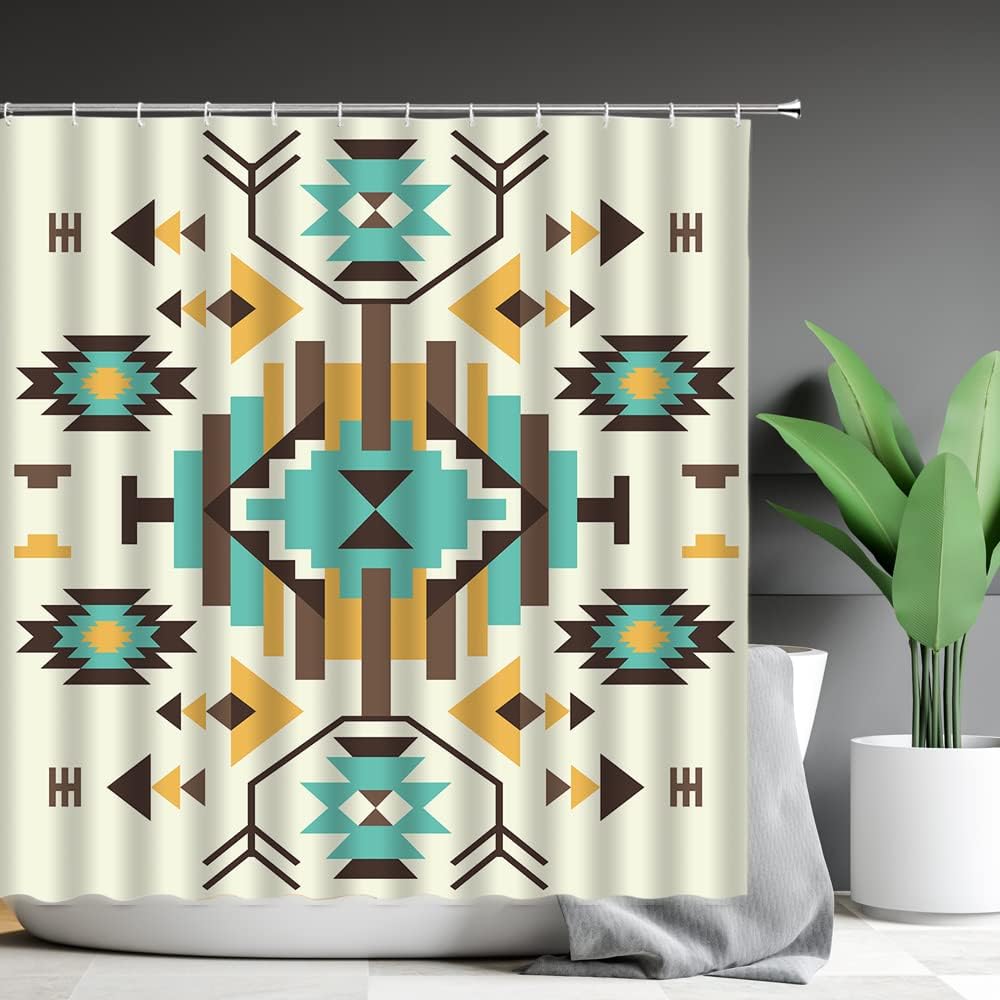 Southwestern Tribal Shower Curtain, Native American Aztec Geometric Bathroom Decor