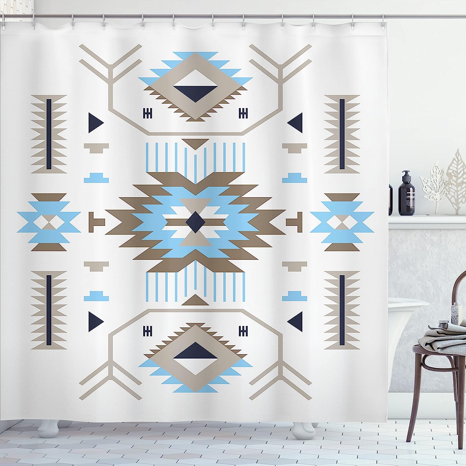 Southwestern Zigzag Design Shower Curtain In Dark Tan For Bathroom