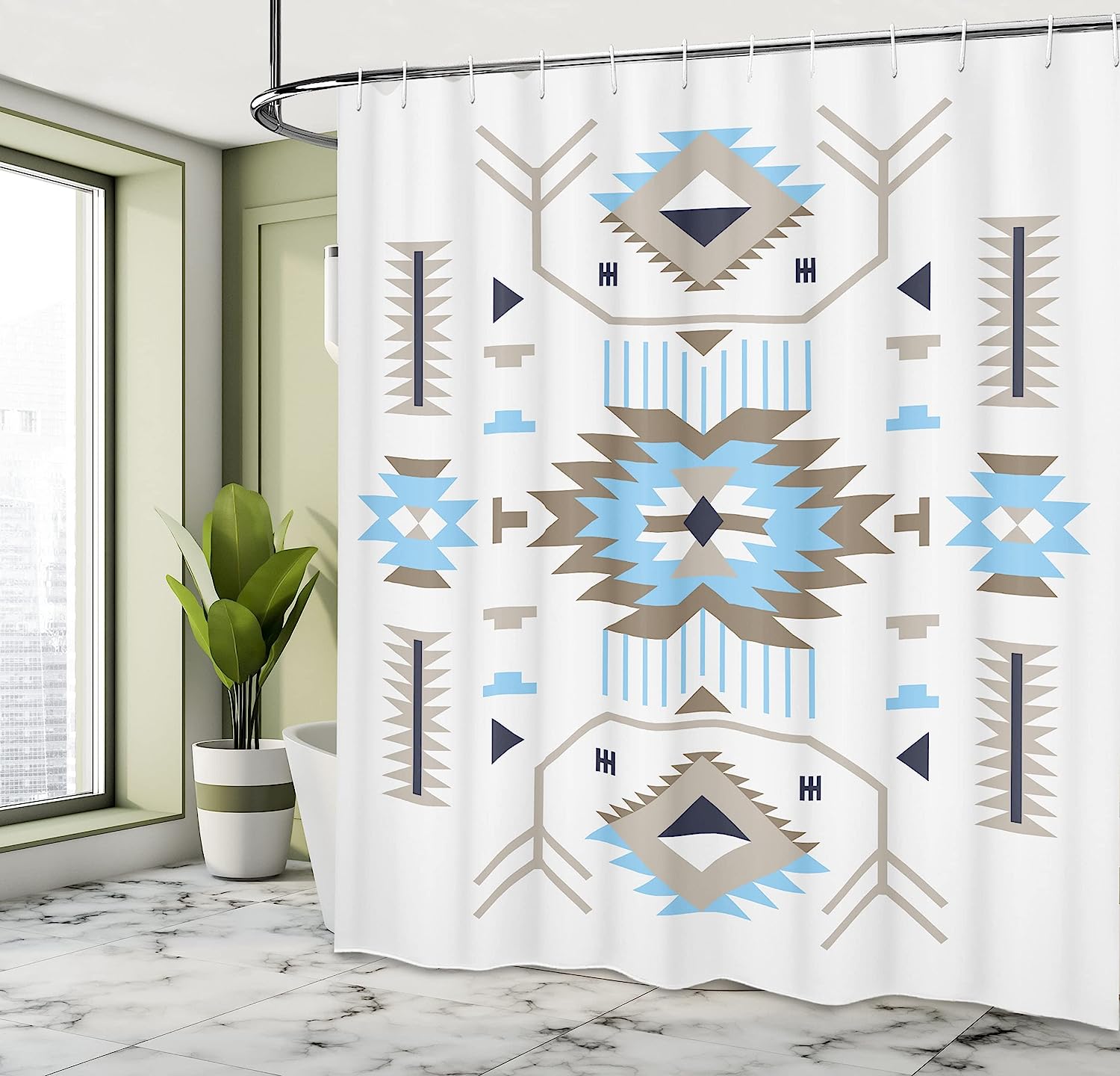 Southwestern Zigzag Design Shower Curtain In Dark Tan For Bathroom - Image 4