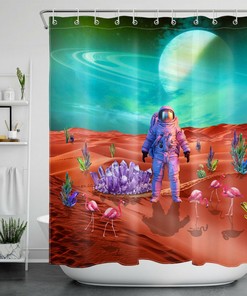 Space Astronaut Plant Cactus Flamingo Kids Bathroom Shower Curtain, Waterproof Fabric Decor with Quotes
