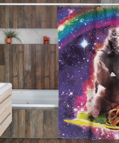 Space Cat Llama Sloth Riding Taco Kids Bathroom Shower Curtain, Waterproof Fabric Decor with Quotes