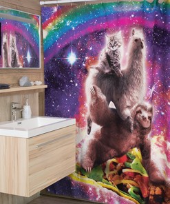 Space Cat Llama Sloth Riding Taco Kids Bathroom Shower Curtain, Waterproof Fabric Decor with Quotes