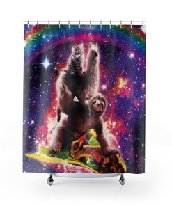 Space Cat Llama Sloth Riding Taco Kids Bathroom Shower Curtain, Waterproof Fabric Decor with Quotes