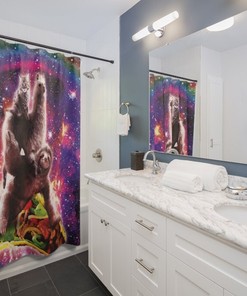 Space Cat Llama Sloth Riding Taco Kids Bathroom Shower Curtain, Waterproof Fabric Decor with Quotes