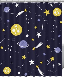 Space Inspired Cartoon Planets, Stars, And Comets Shower Curtain For Incredible Bathroom Decor