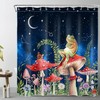 Space Shower Curtain with Green Leaf Flower and Red Mushroom Print