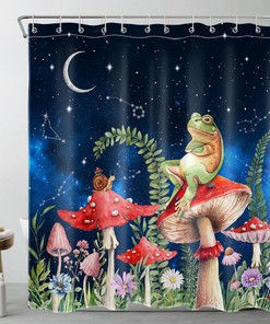 Space Shower Curtain with Green Leaf Flower and Red Mushroom Print