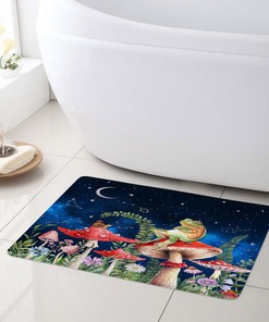 Space Shower Curtain with Green Leaf Flower and Red Mushroom Print