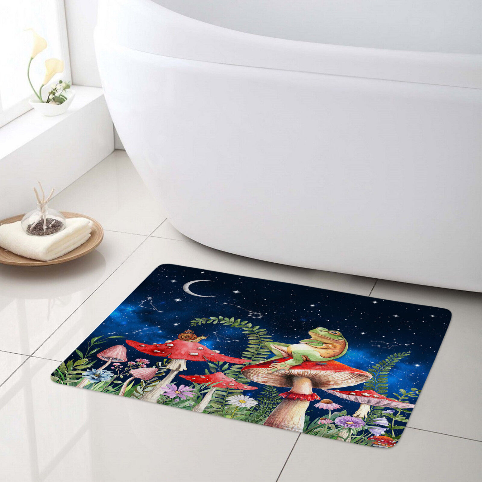 Space Shower Curtain with Green Leaf Flower and Red Mushroom Print