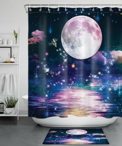 Space Stars Moon Clouds Ocean Fabric Shower Curtain Waterproof 