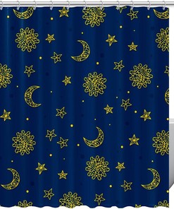 Space Sun, Star, and Moon Pattern Shower Curtain for a Celestial Bathroom