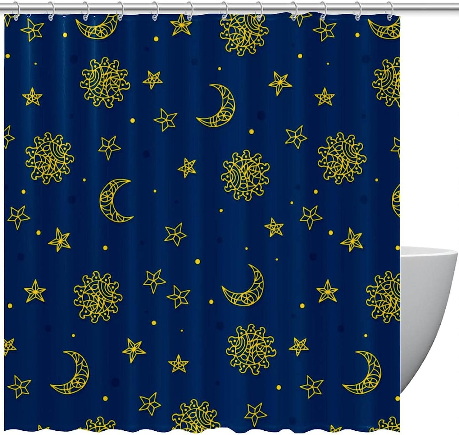 Space Sun, Star, and Moon Pattern Shower Curtain for a Celestial Bathroom