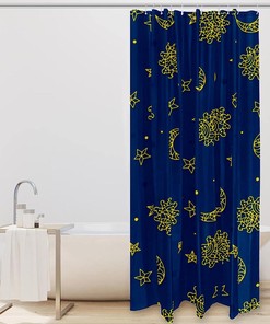 Space Sun, Star, and Moon Pattern Shower Curtain for a Celestial Bathroom