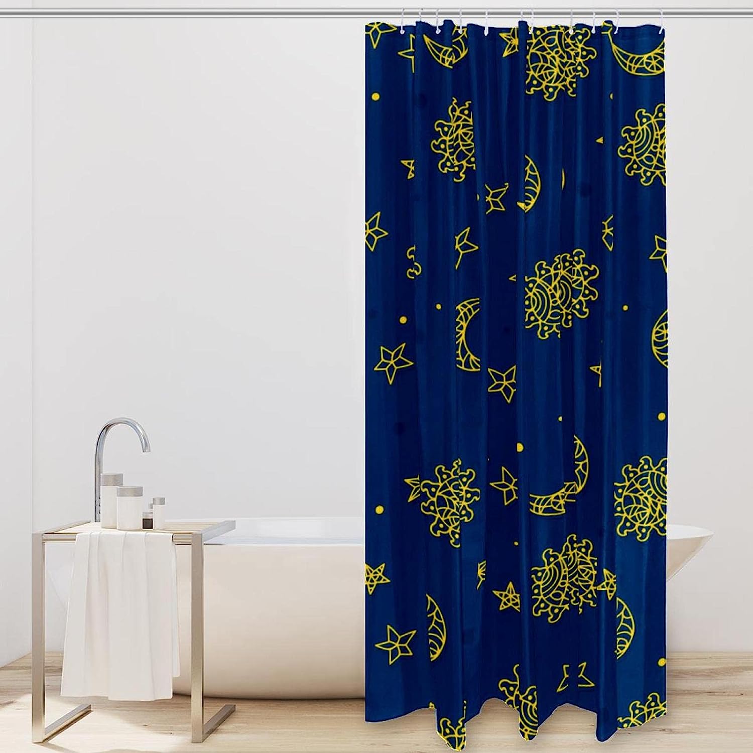 Space Sun, Star, and Moon Pattern Shower Curtain for a Celestial Bathroom