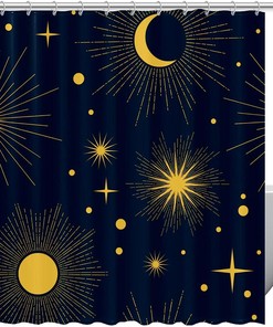 Space Sun and Moon Print Fabric Shower Curtain for Celestial Bathroom Decor