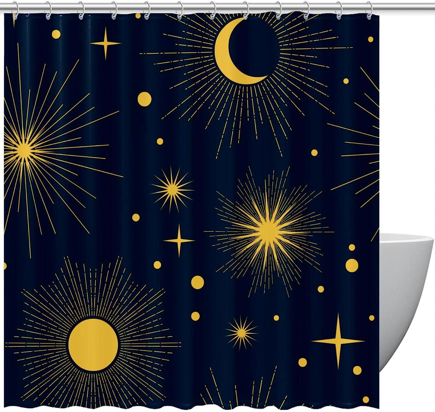 Space Sun and Moon Print Fabric Shower Curtain for Celestial Bathroom Decor