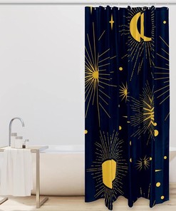 Space Sun and Moon Print Fabric Shower Curtain for Celestial Bathroom Decor