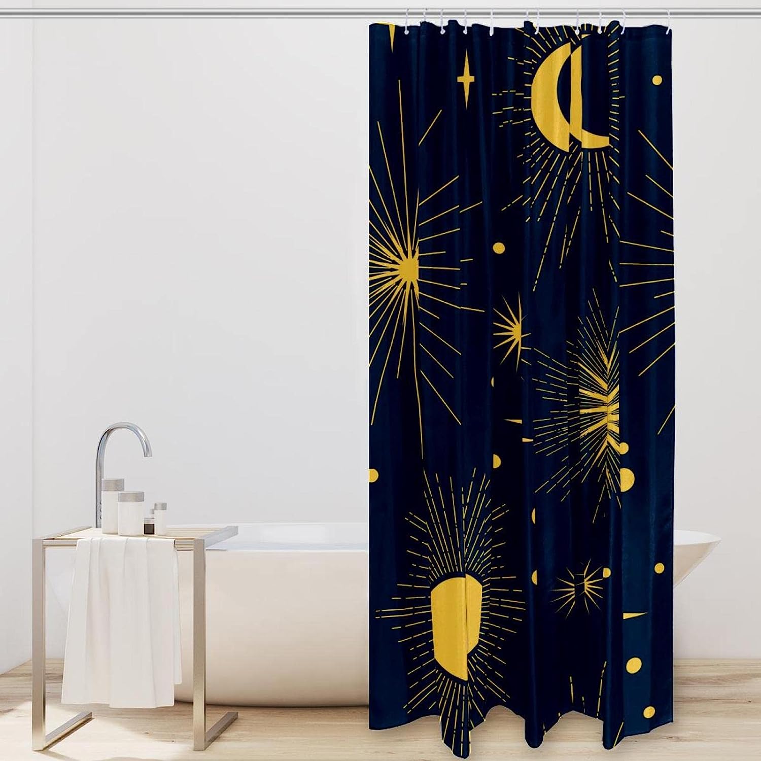 Space Sun and Moon Print Fabric Shower Curtain for Celestial Bathroom Decor
