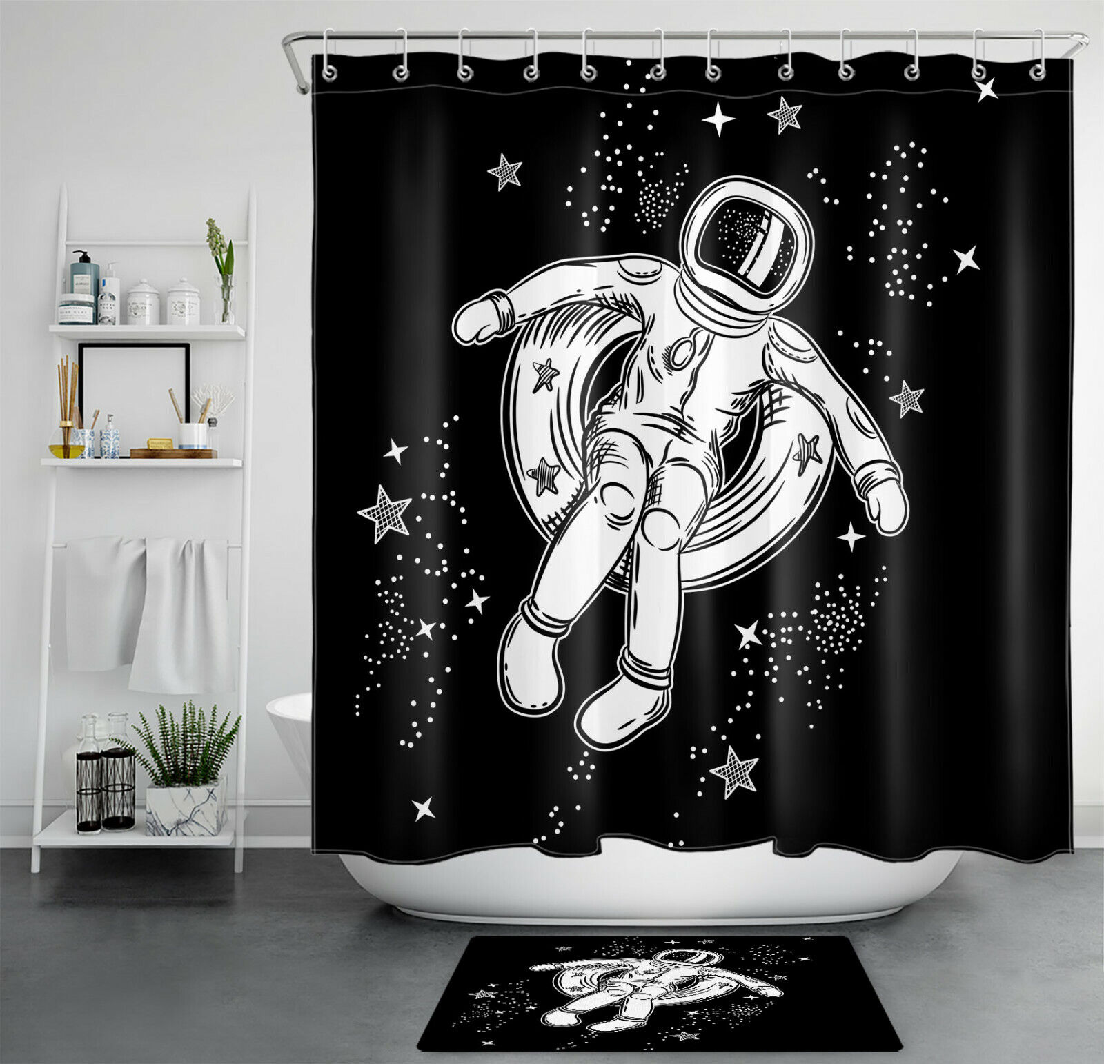 Spaceman Astronaut and Galaxy Shower Curtain for Outer Space Bathroom Decor