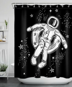 Spaceman Astronaut and Galaxy Shower Curtain for Outer Space Bathroom Decor