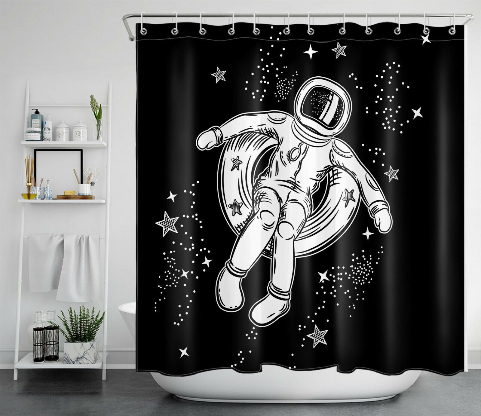 Spaceman Astronaut and Galaxy Shower Curtain for Outer Space Bathroom Decor