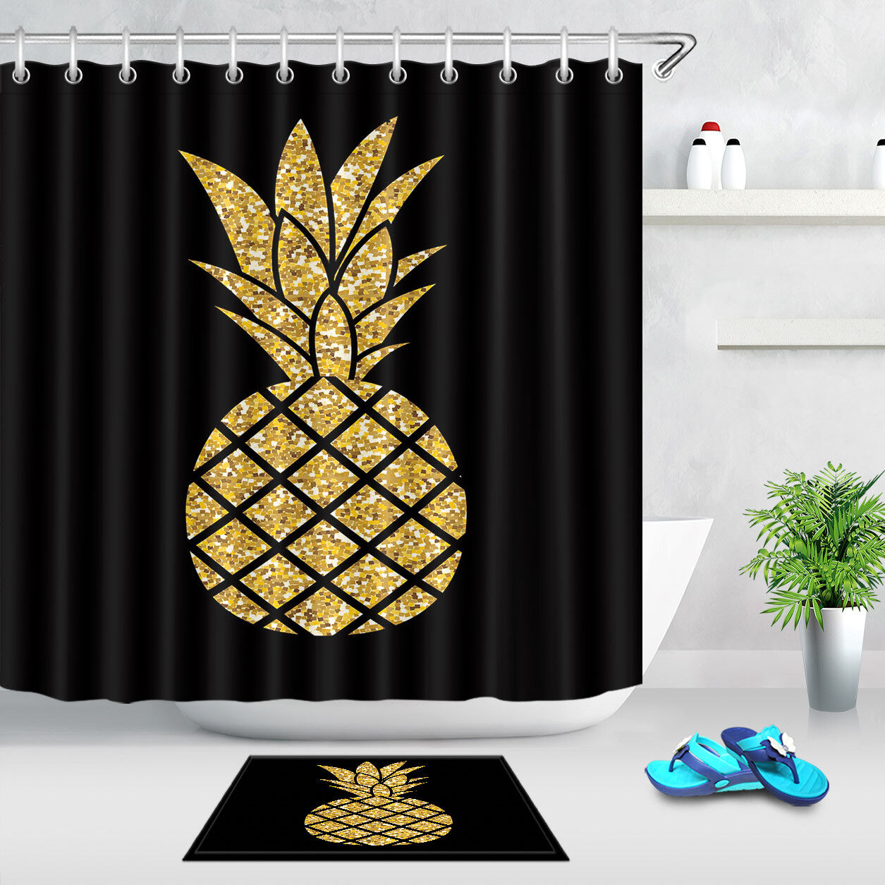 Sparkling Gold Glitter Pineapple Shower Curtain Liner For Your Bathroom Decor