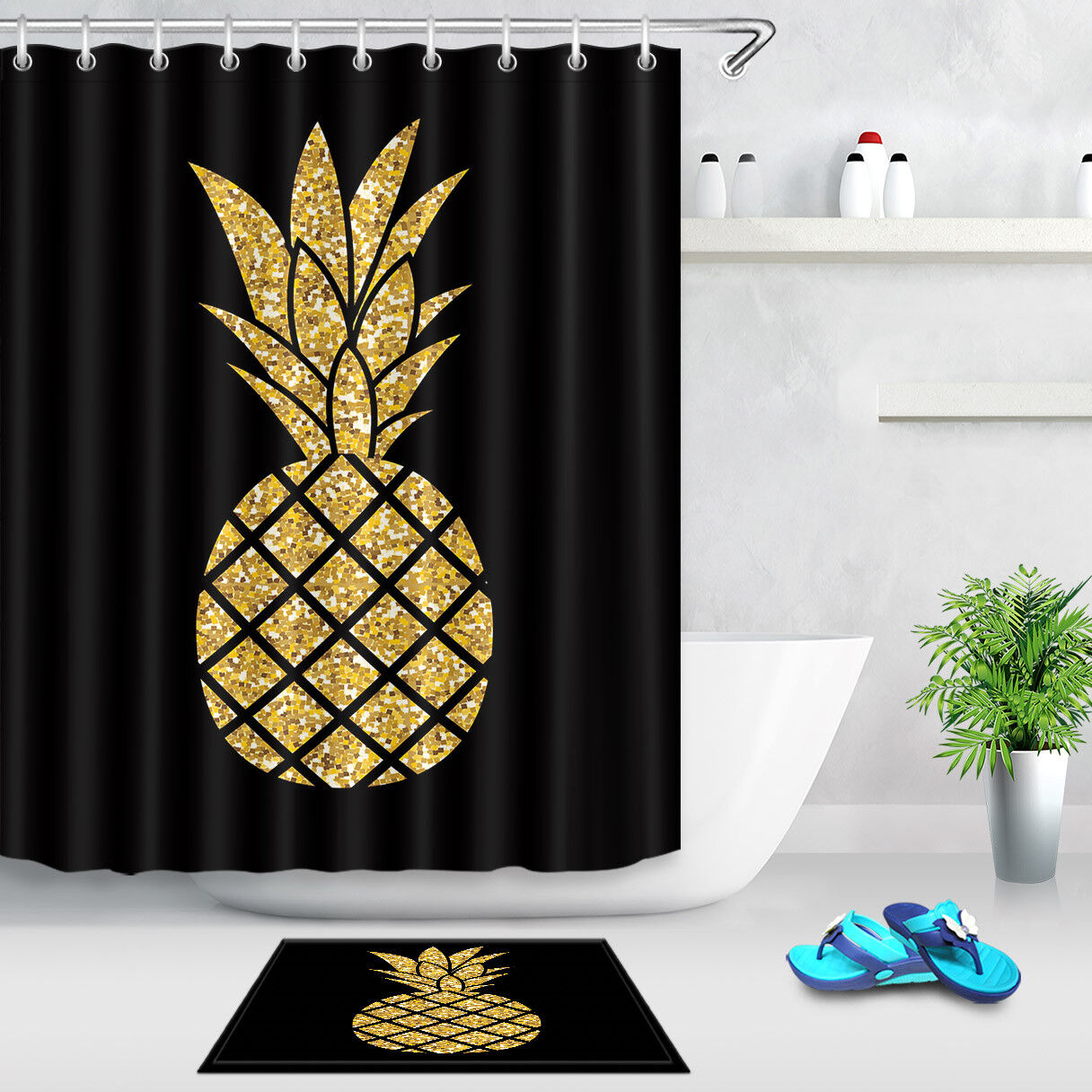Sparkling Gold Glitter Pineapple Shower Curtain Liner For Your Bathroom Decor - Image 2