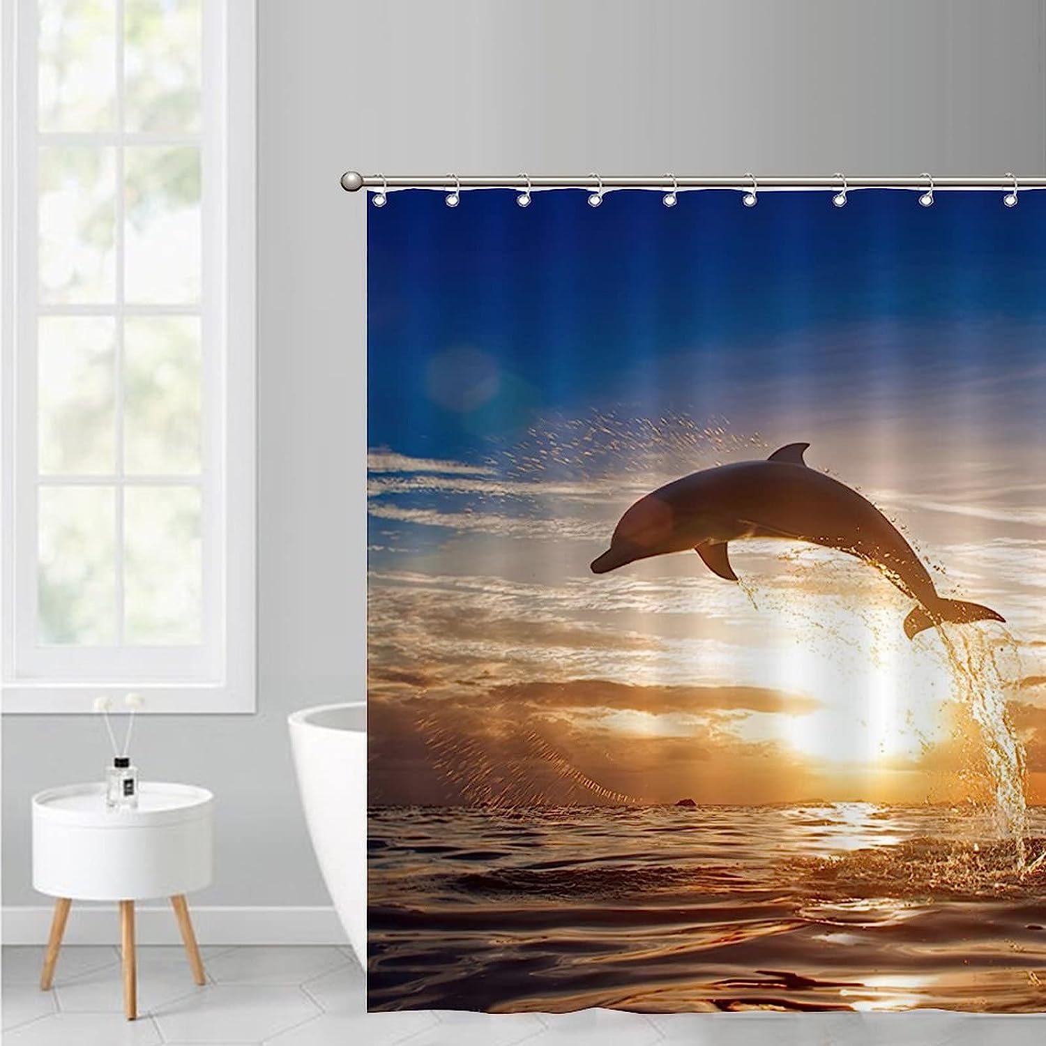 Sparkling Sea Dolphin Shower Curtain With Sunset Dolphins Jumping Out Of The Sea Bath Curtain - Image 3
