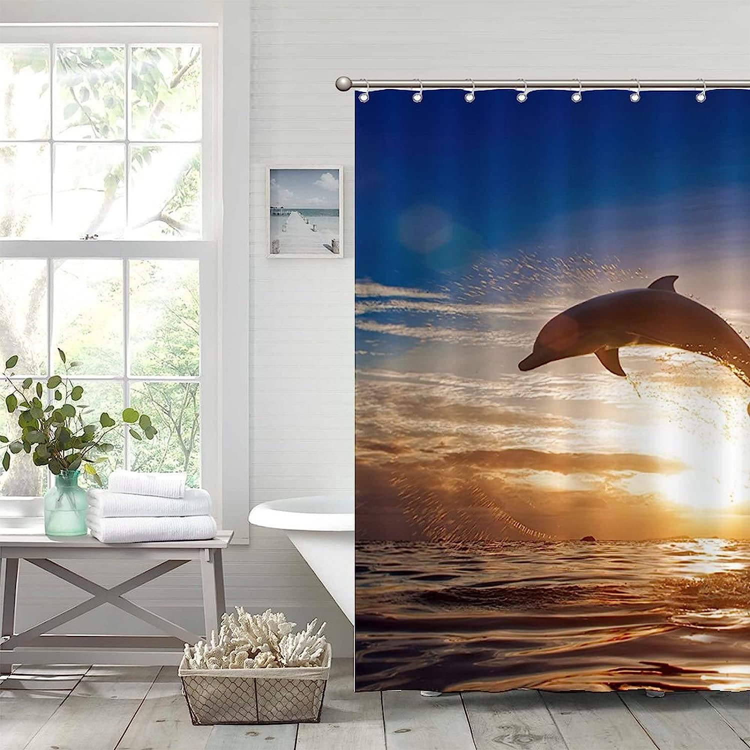 Sparkling Sea Dolphin Shower Curtain With Sunset Dolphins Jumping Out Of The Sea Bath Curtain - Image 4