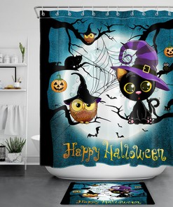 Spider Web Owl Black Cat Halloween Shower Curtain for a Spooky Bathroom