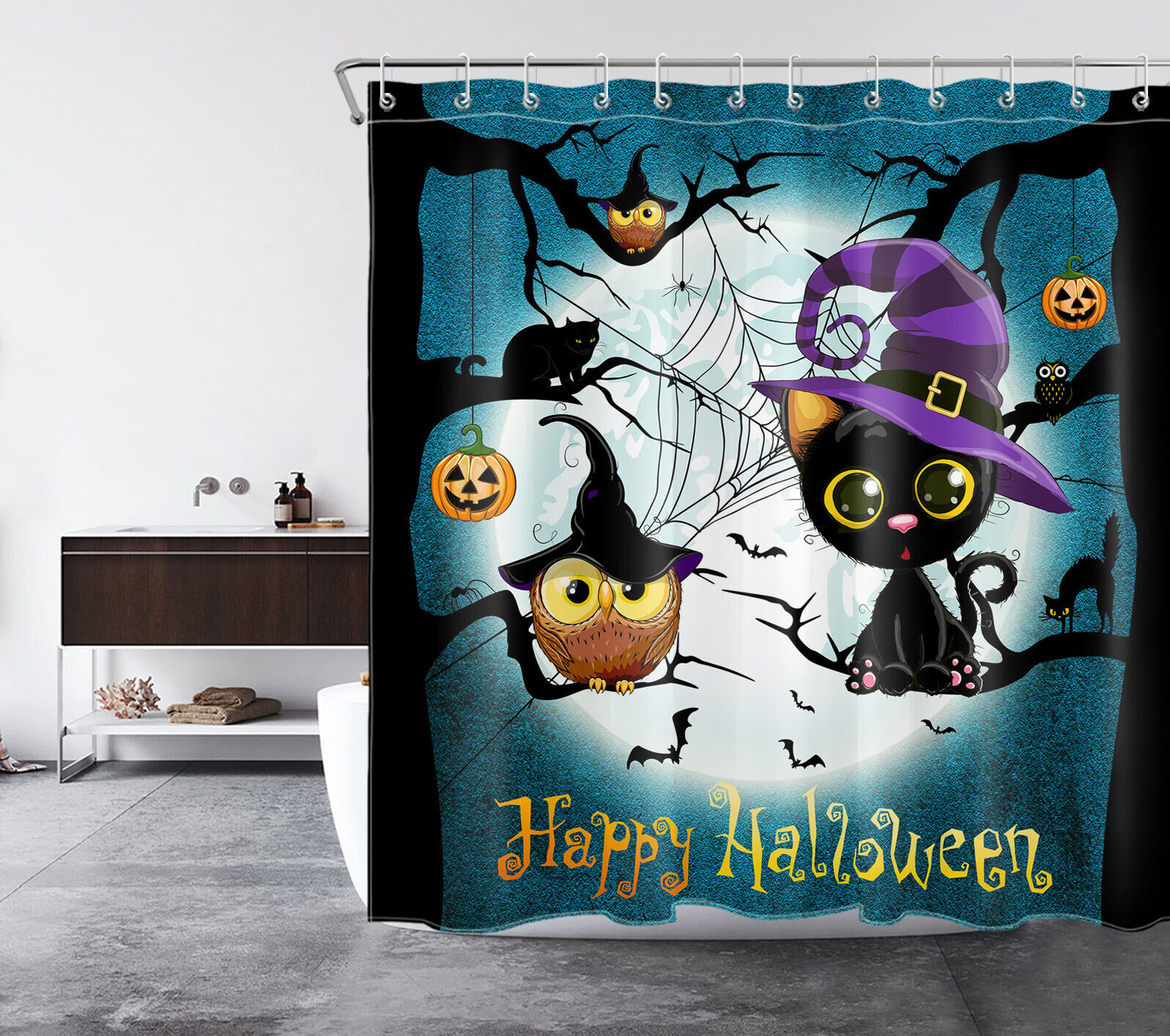 Spider Web Owl Black Cat Halloween Shower Curtain for a Spooky Bathroom