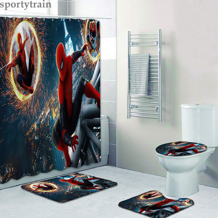 Spider-Man Juegos de Bano Cortina de Ducha Alfombra de Bano Tapa del Inodoro Cubierta del Asiento-