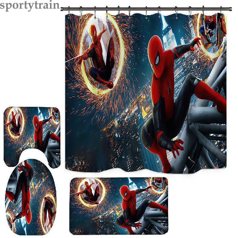 Spider-Man Juegos de Bano Cortina de Ducha Alfombra de Bano Tapa del Inodoro Cubierta del Asiento-