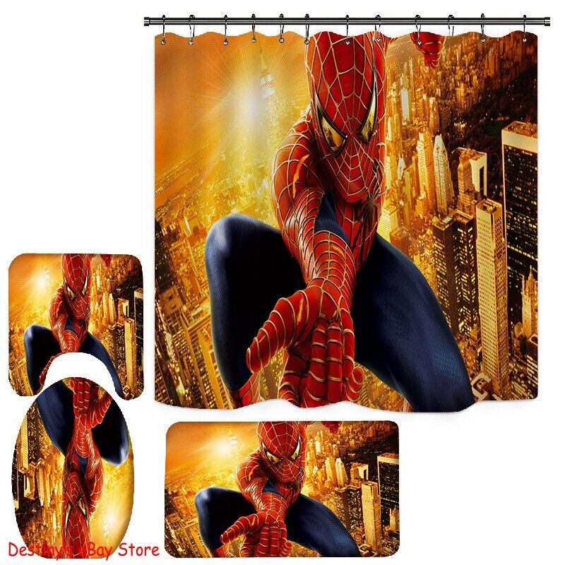 Spider-Man Shower Curtain With Bathroom Mat And Lid Sanitary - Perfect For Superhero Fans