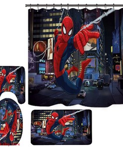 Spiderman Bathroom Set With Matching Shower Curtain And Foot Mat On Carpet