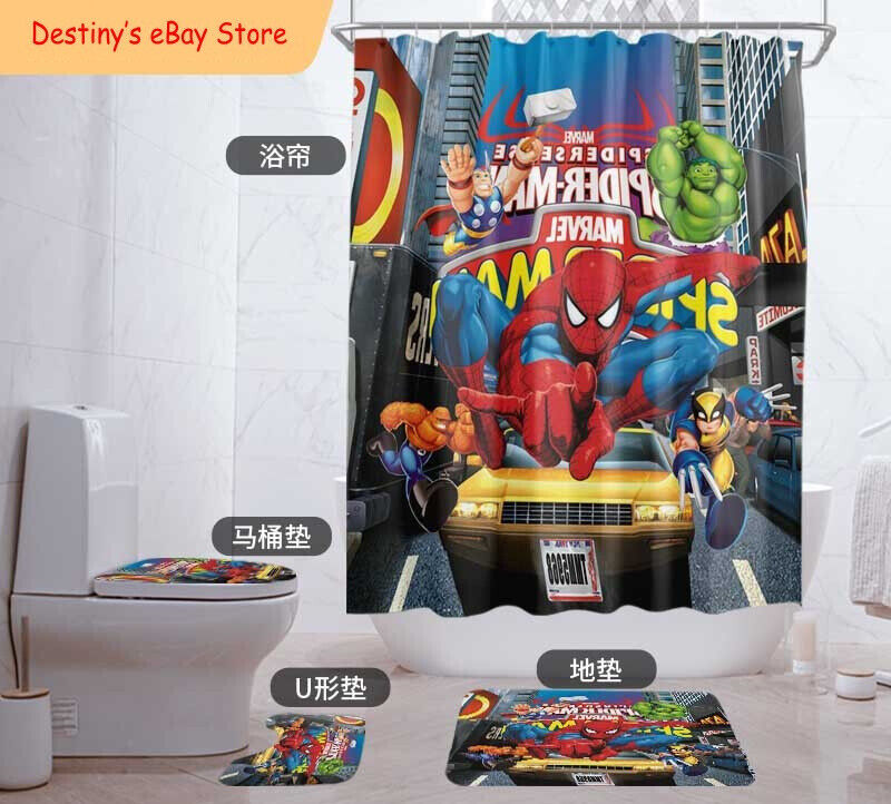 Spiderman Bathroom Shower Curtain And Mat Set - Comic Hero Bathroom Decor