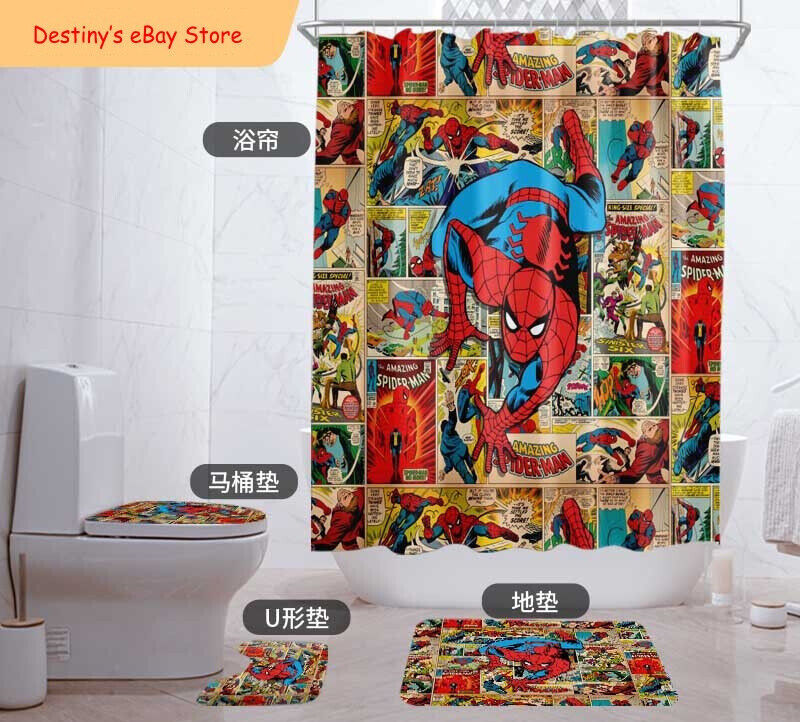 Spiderman Comic Bathroom Shower Curtain Foot Mat for a Classic Look