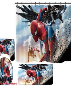 Spiderman Foot Mat And Shower Curtain Set For A Superhero Themed Bathroom