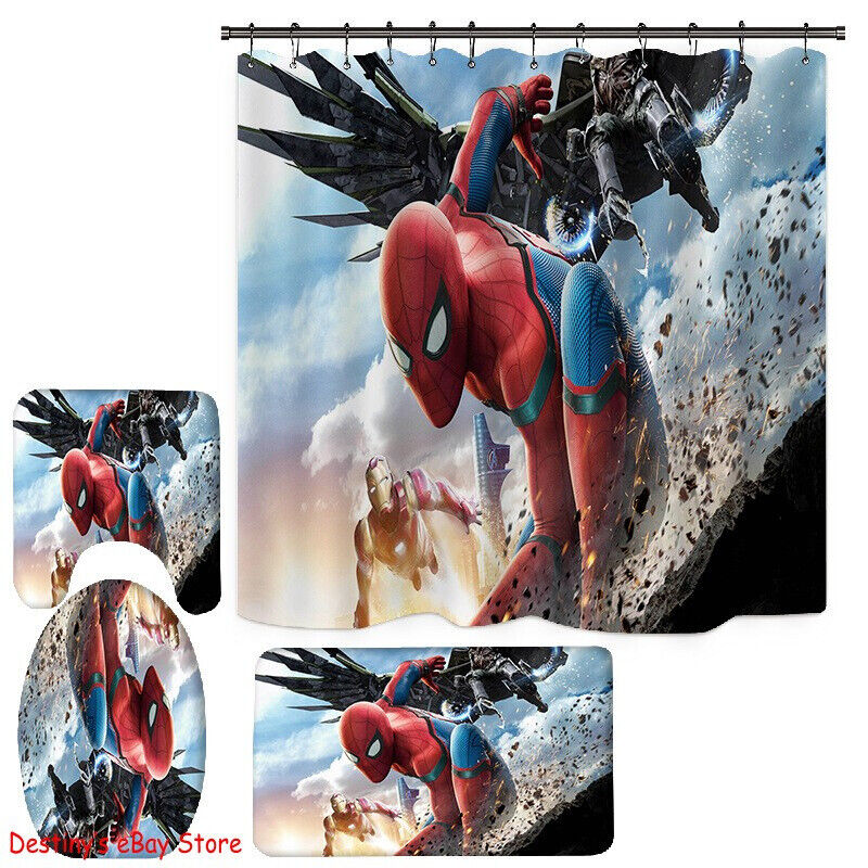 Spiderman Foot Mat And Shower Curtain Set For A Superhero Themed Bathroom