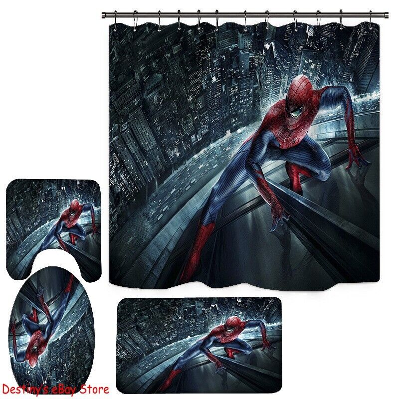 Spiderman Foot Mat And Shower Curtain Set - Perfect For Kids' Bathroom