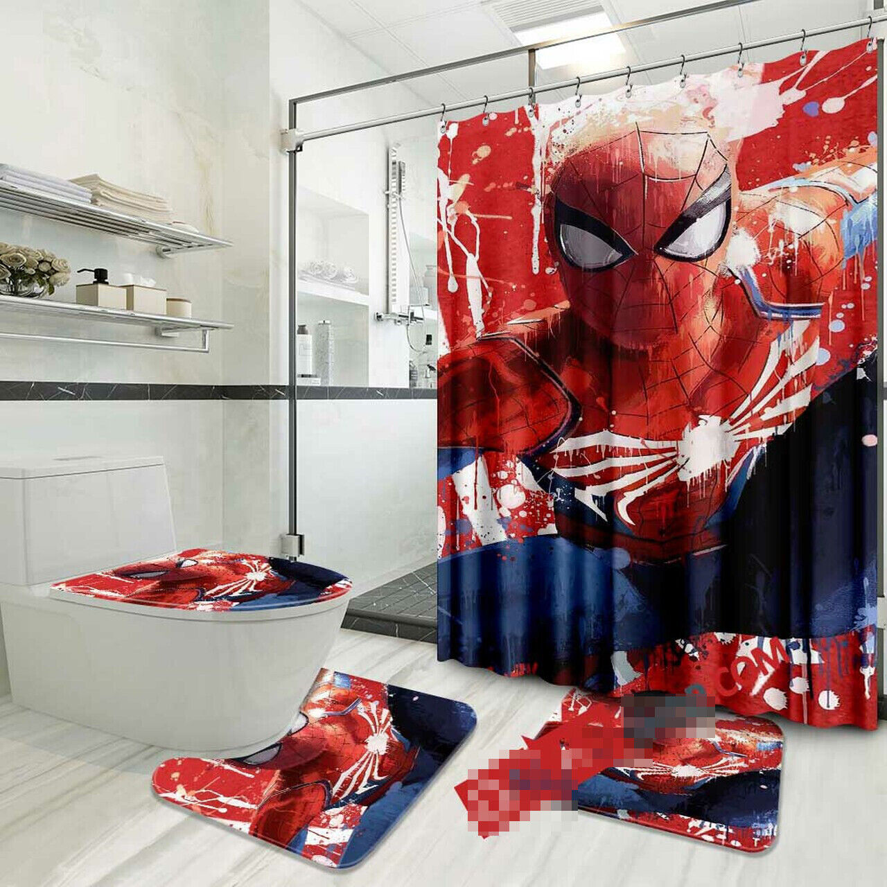 Spider-man Shower Curtain with Matching Mat and Bath Fans' Gifts for Marvel Fans