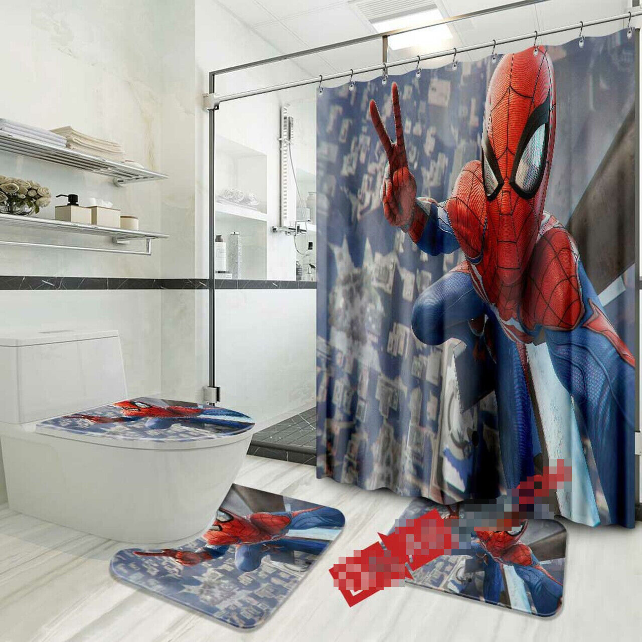 Spider-man Shower Curtain with Matching Mat and Bath Fans' Gifts for Marvel Fans